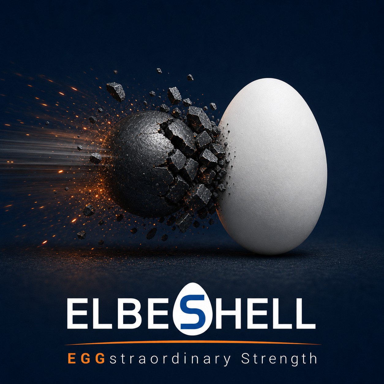 Intact ElbeShell egg resisting a cannonball as the cannonball shatters on impact — EGGstraordinary Strength
