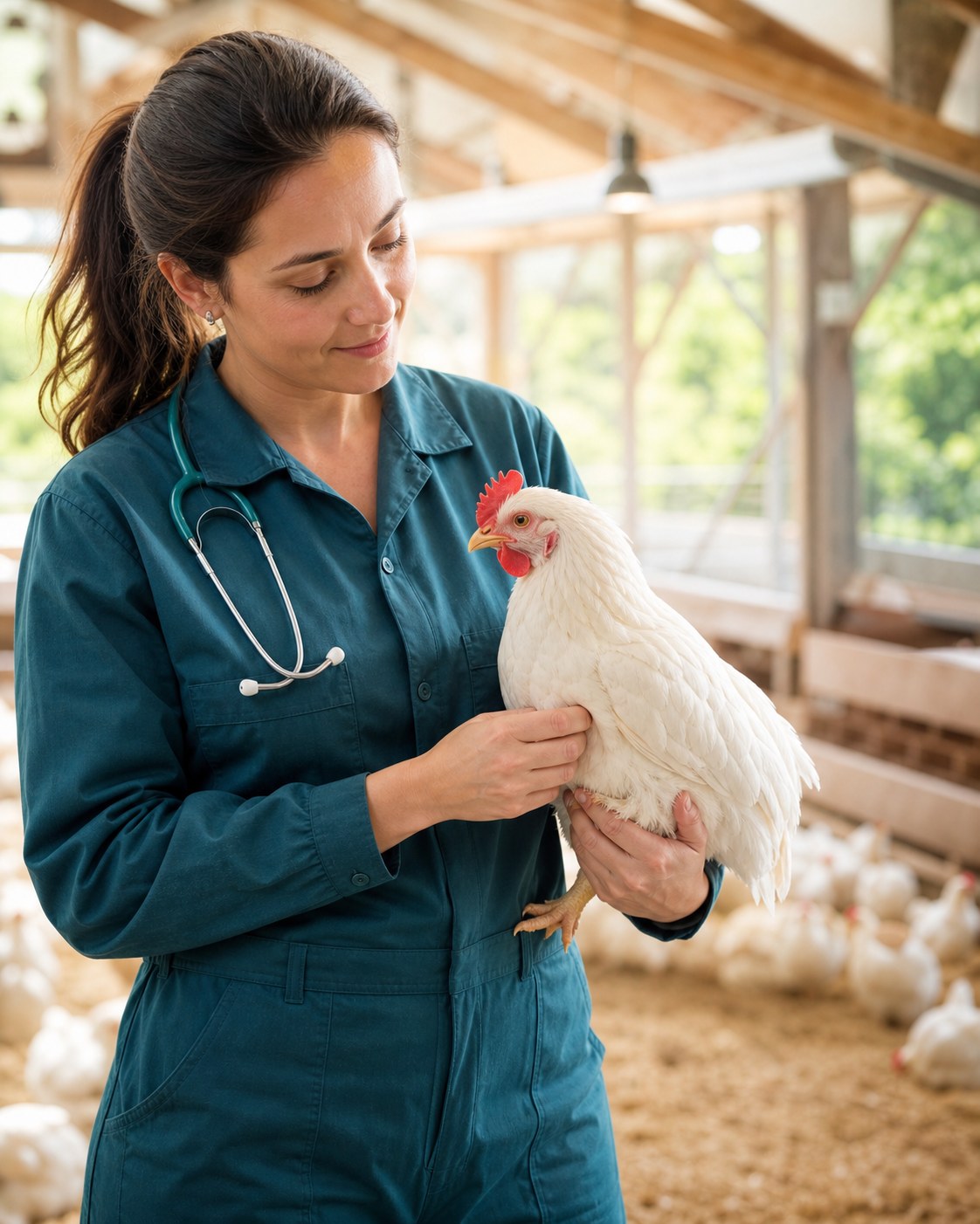 Veterinarian examining a healthy chicken in a poultry farm